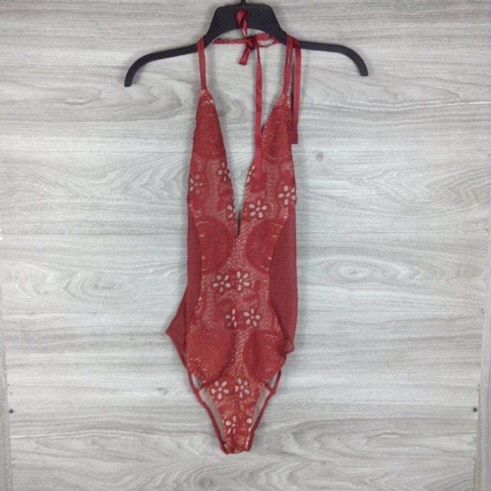 YOUMITA Lace Sheer Plunging Neck Bodysuit size L